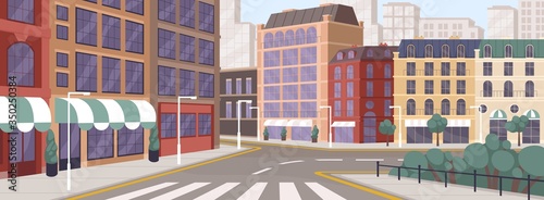 Colorful street of modern European city vector graphic illustration. Architecture building exterior of downtown panoramic view. Colored megapolis cityscape. Central district with house facade