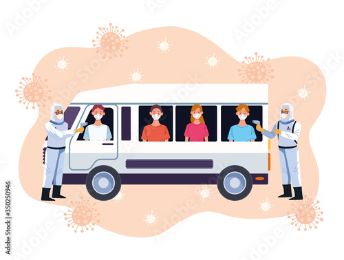 doctors checking temperature for covid19 in bus