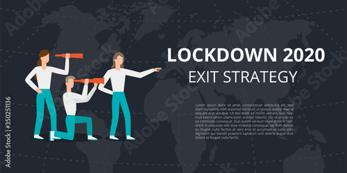 Vector flat style illustration of a man and woman with telescope. Lockdown 2020 exit strategy. Quarantine end, self isolation exit. People, coronavirus. Lifting lockdown plan