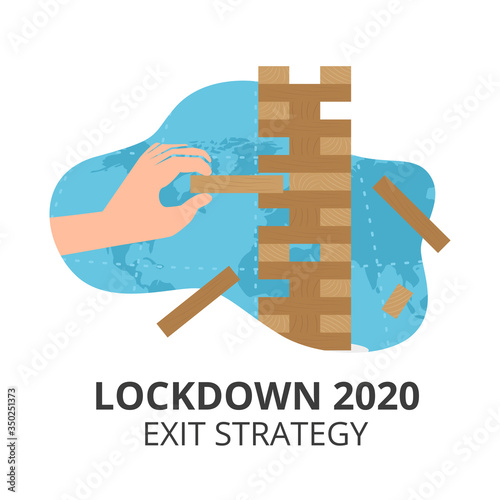 Vector flat illustration of lockdown exit strategy concept. Hand playing wood wooden blocks board game. Quarantine, lifting lockdown plan. Vector flat style illustration. Coronavirus, Covid, economy