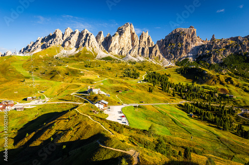 Passo Gardena craggy mountains valley view, Italy.