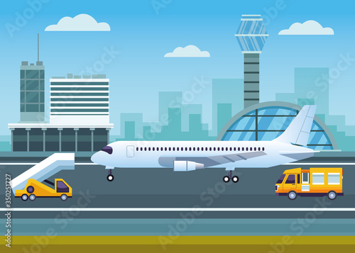 airport outdoor with control tower and airplane