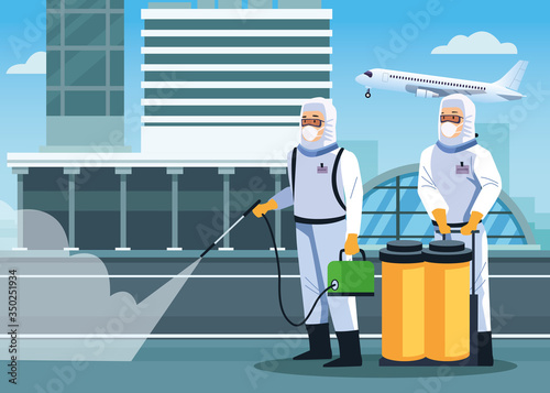 biosafety workers desinfect airport for covid19