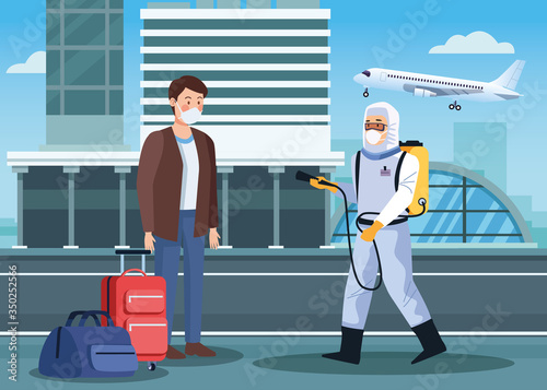 biosafety worker desinfect airport for covid19