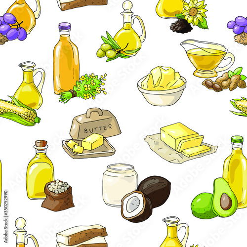 Vector seamless pattern with different sorts of oil and fats