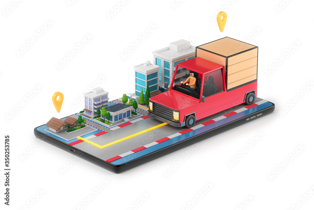 Obraz premium Delivery car with man driver shipping goods shopping online to home. tracking map GPS e-commerce application smartphone. navigation app with the road. 3D illustrator. clipping path object inside