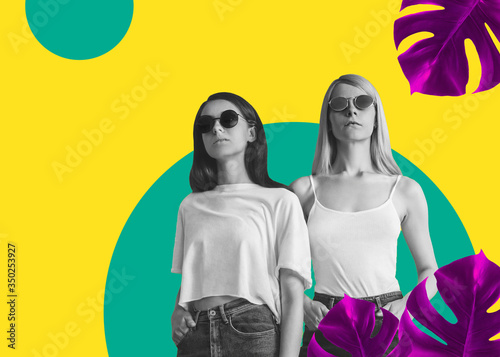 Girls in sunglasses Poster in zine style Monochrome photo of two girls in jeans and sunglasses on a bright yellow background with turquoise geometric elements Summer design concept with copy space photo