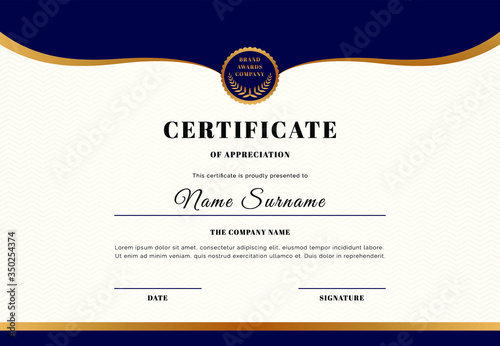 Elegant modern gold and blue diploma certificate template. Vector illustration for print, diploma, certificate, graduation
