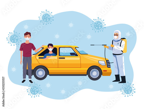 biosafety worker desinfect taxi for covid19