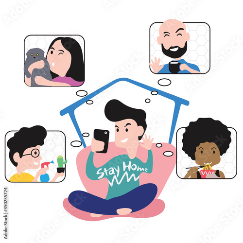 A cartoon of new normal showing people do video call with friends when stay home with social distancing during covid19 or corona virus spread