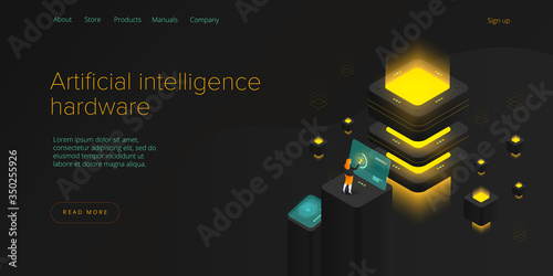Hosting server isometric vector illustration. Abstract 3d datacenter or data center room background. Network mainframe infrastructure website header layout. Computer storage or farming workstation.