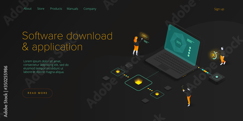 Software download and application isometric vector illustration. Programmers and engeneers working on web app development, coding and testing. Website banner layout template.