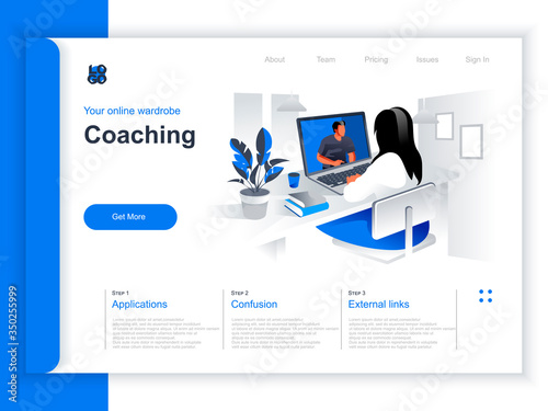 Coaching isometric landing page. Woman watching online webinar with business coach in office situation. Business education and skills development, motivation and mentoring perspective flat design.