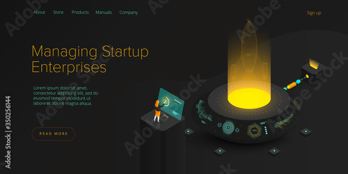 Startup coaching and mentorship concept in isometric vector illustration. Business start up team launching rocket with computer and server. Creative web banner layout template design.