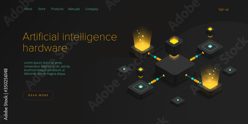 Hosting server isometric vector illustration. Abstract 3d datacenter or data center room background. Network mainframe infrastructure website header layout. Computer storage or farming workstation.