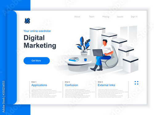 Digital marketing isometric landing page. Marketer working with laptop in office situation. Digital marketing, SMM and SEO, website content promotion and social media manage perspective flat design.