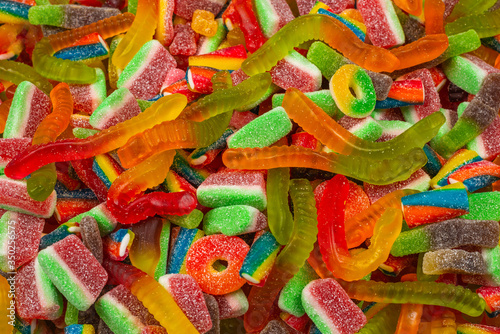 Assorted gummy candies. Top view. Jelly sweets background.