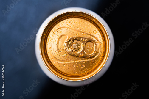 Frosty drink beer can with water drops