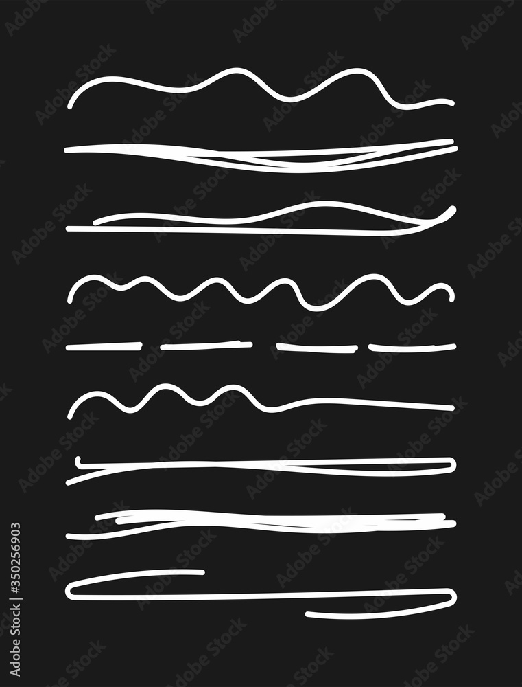 Set of different underlines drawn by hand. Collection of uneven lines. Sketch, doodle, scribble. Vector illustration. Set of different underlines drawn by hand. Collection of uneven lines. Sketch, doodle, scribble. Vector illustration.