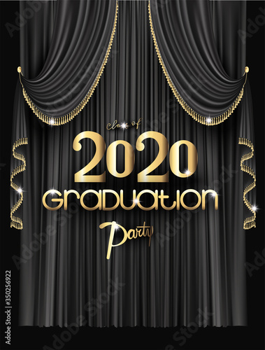Elegant graduation party invitation card with black curtains with fringe. Vector illustration