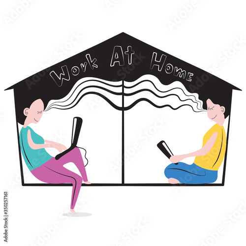 A cartoon of adults work from home with social distancing while working from home during covid19 or corona virus spread