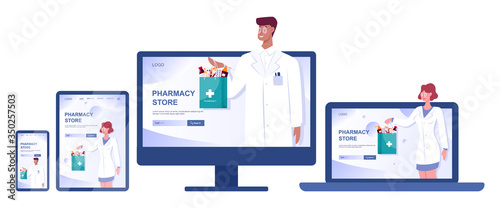 Online pharmacy web banner on phone screen. Medicine