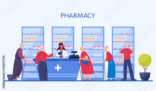 Modern pharmacy interior with visitor. Client order and buy