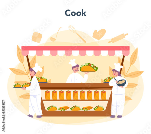 Shawarma street food concept. Chef cooking delicious roll