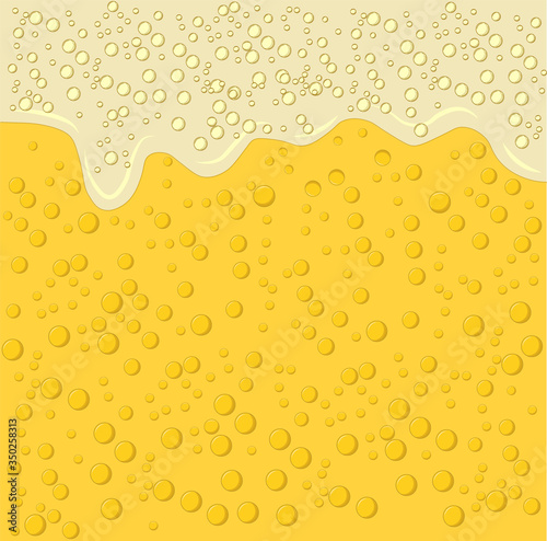 Beer foam and bubbles background. Vector poster template of seamless realistic craft beer with flowing foam and bubbles. Hops and malt. Light alcoholic beverage for relaxation.