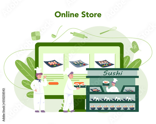 Restaurant chef cooking rolls and sushi online service or platform.