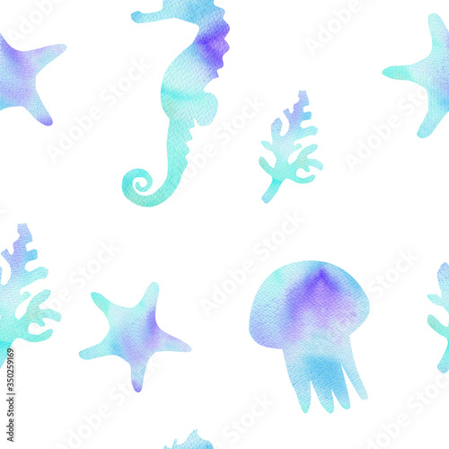 watercolor blue seahorse and jellyfish seamless pattern on white background for fabric,textile,wrapping,scrapbooking. Underwater life. Ocean animals photo