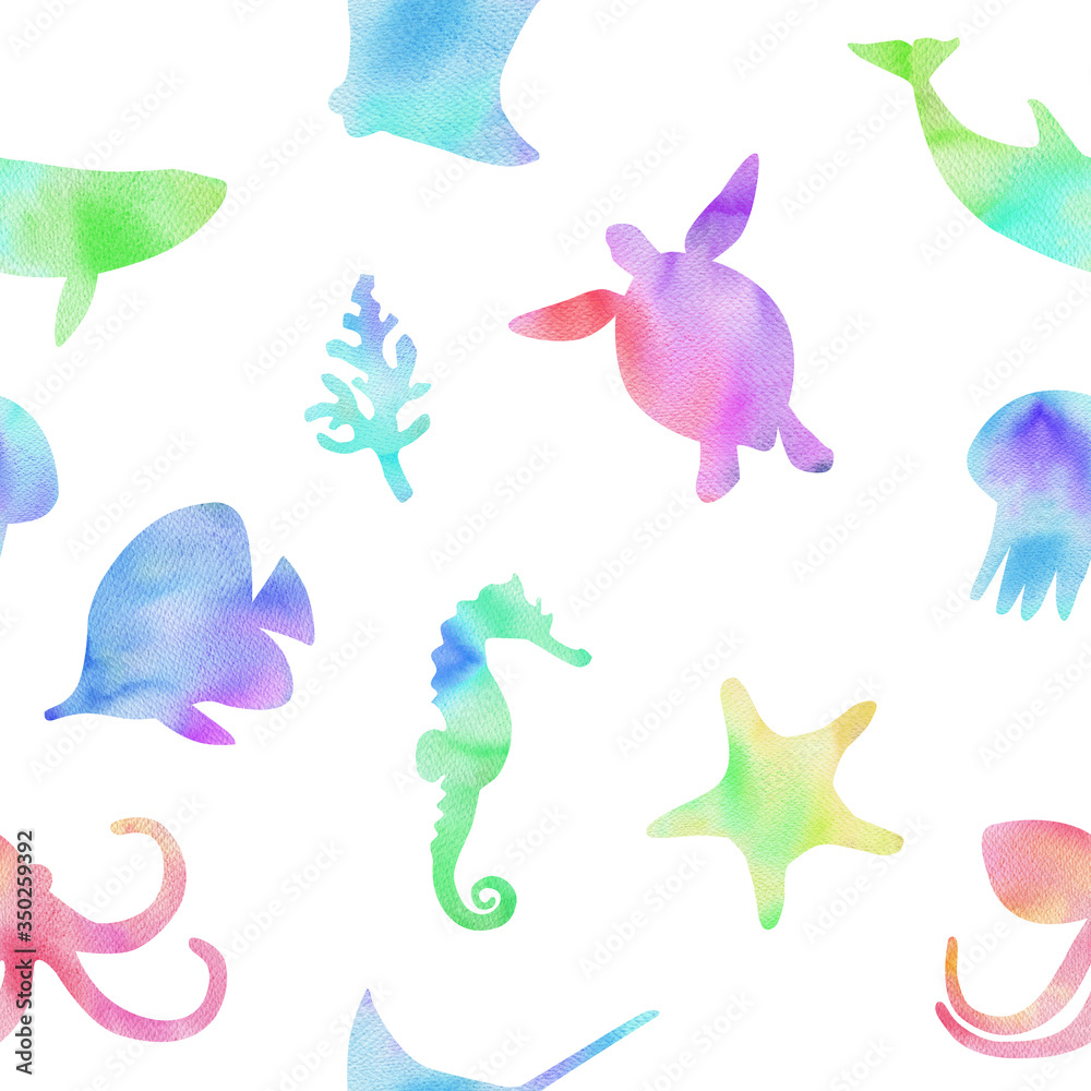 watercolor underwater color fishes and animals shapes seamless pattern on white background for fabric,wrapping. World oceans day. Sea life.