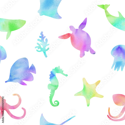 watercolor underwater color fishes and animals shapes seamless pattern on white background for fabric wrapping. World oceans day. Sea life.