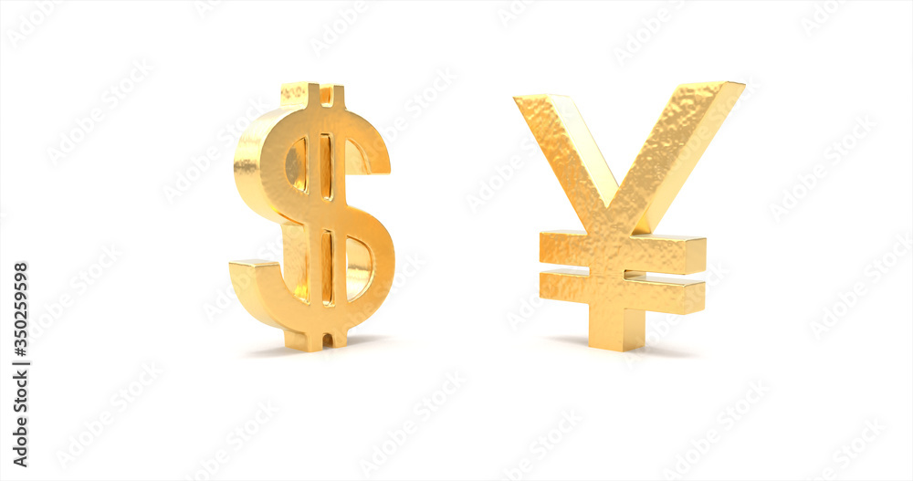 The gold currency symbol Yuan and Dollar. Isolated on white background. 3D illustration The gold currency symbol Yuan and Dollar. Isolated on white background. 3D illustration