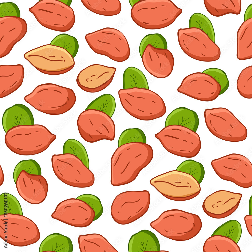 Seamless pattern with peanuts and leaves on white background. Flat peanut seeds. Wrapping and packaging food design. Endless template. Vector illustration. Seamless pattern with peanuts and leaves on white background. Flat peanut seeds. Wrapping and packaging food design. Endless template. Vector illustration.