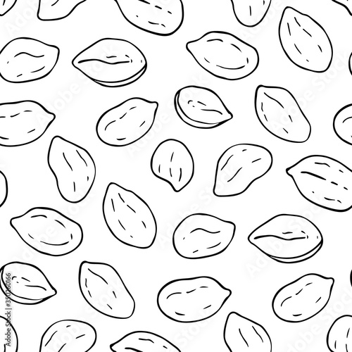 Seamless pattern with peanuts isolated on white background. Ink sketch of nuts. Hand drawn vector illustration. Closeup tile texture for wrapping and packaging food design.