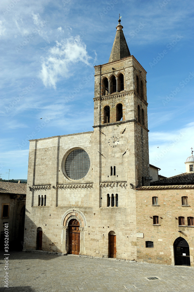 view of the church of San Michele arcangelo on the main square of Bevagna in Umbria in central Italy.