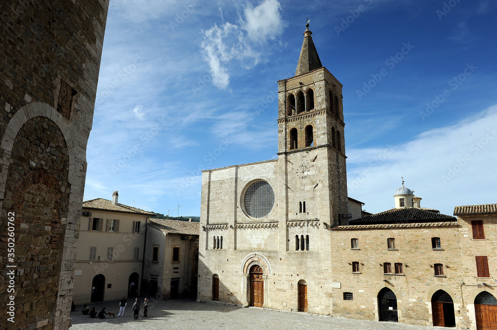 view of the church of San Michele arcangelo on the main square of Bevagna in Umbria in central Italy.