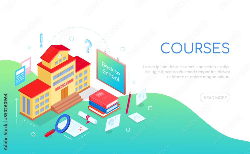 Education courses - modern colorful isometric web banner Education courses - modern colorful isometric web banner