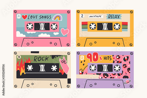 Set of four Retro Vintage tape Cassettes. Various audio tapes. Different Mixtapes. Love songs, Relax, Rock, Nineties hits. Hand drawn colored Vector illustration. Every cassette is isolated