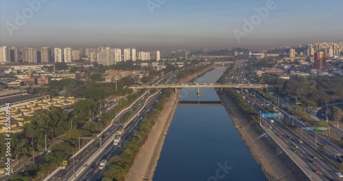 Aerial hyperlapse of heavy traffic at marginal tiete avenue during the day in Sao Paulo, Brazil