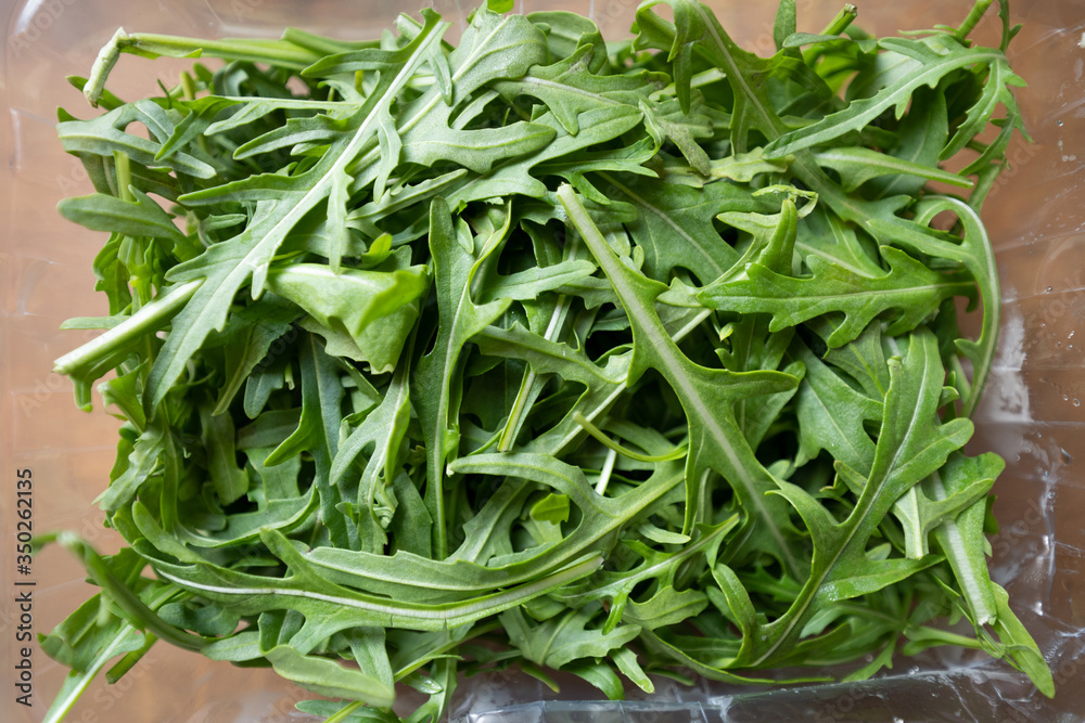 Rucola laying on table, flatlay shot from above, brown kitchen table Rucola laying on table, flatlay shot from above, brown kitchen table