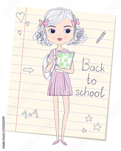 Sketch of cute curly schoolgirl in dress with backpack and folder in hands. Back to school concept. Vector illustration. Lined paper sheet from school notebook on background