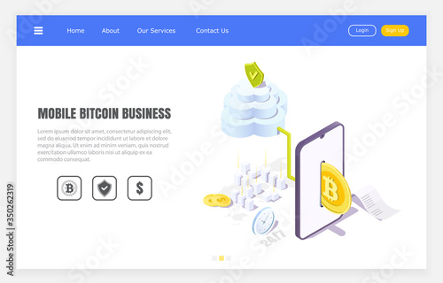 secure bitcoin transfers through mobile application, isometric vector illustration.