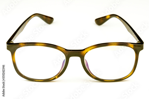 The front view of eye glasses. White background.