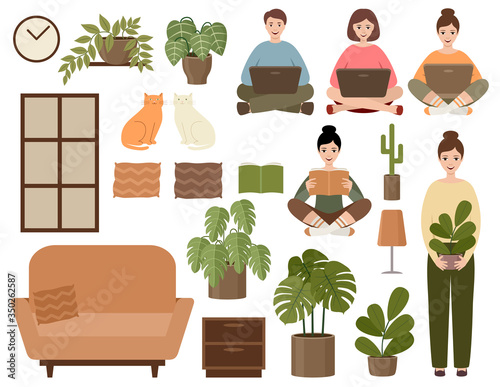 Set hugge home decoration, people, plants. People with laptops