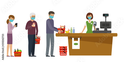 People in medical masks stand in queue at the supermarket