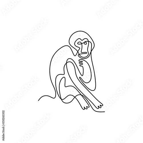 One continuous line drawing of monkey. cute monkey for company business logo identity. Adorable primate animal mascot concept for corporate icon. Isolated on white background. Vector Illustration