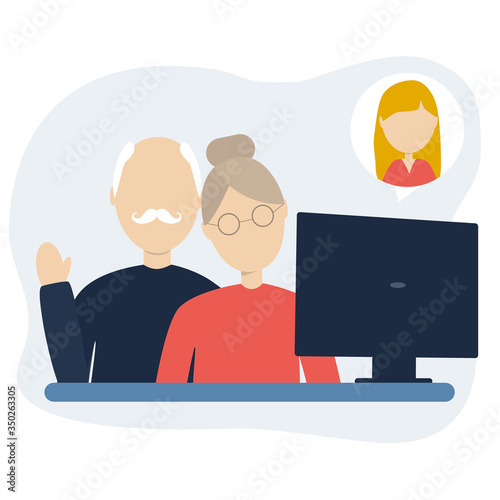 Happy old couple video call illustration. Senior/old couple using laptop for online video call with daughter/grandchild. Stock vector flat character illustration.