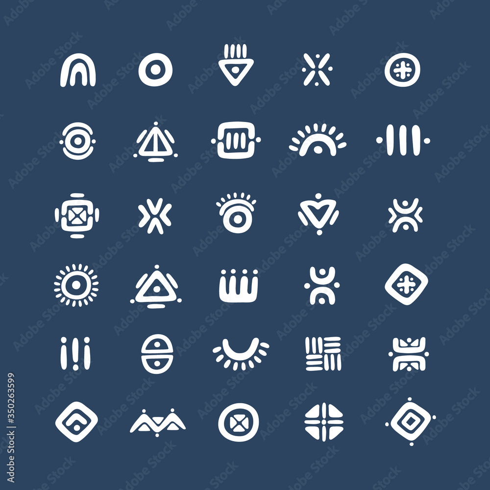 Set of ethnic symbols. Doodle vector collection of stylized flat icons. Abstract geometric elements on dark blue backdrop. Flat signs for logo and flat design.